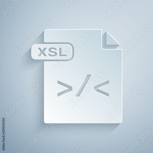 Paper cut XSL file document. Download xsl button icon isolated on grey background. Excel file symbol. Paper art style. Vector Illustration
