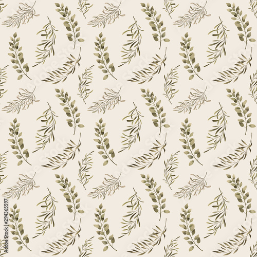 Seamless pattern with green leaves, branches