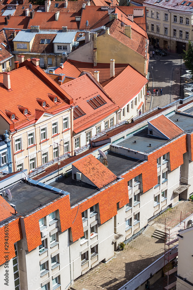 Breathtaking panorama of Vilnius Old Town with beautiful architecture from Bell Tower of St. John's Church near Vilnius University. Aerial view on the capital of Lithuania. UNESCO World Heritage Site.