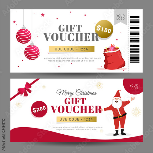 Creative gift voucher set with different discount value and decorative festival elements for Christmas.