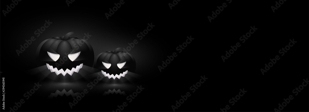 Naklejka premium Spooky, illuminated jack-o-lanterns on black background with space for your text. Website header design for Halloween celebration.
