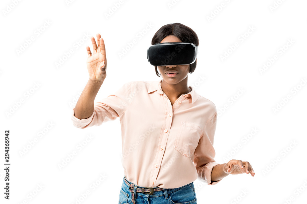 african american woman in shirt with virtual reality headset isolated on white african american woman in shirt with virtual reality headset isolated on white