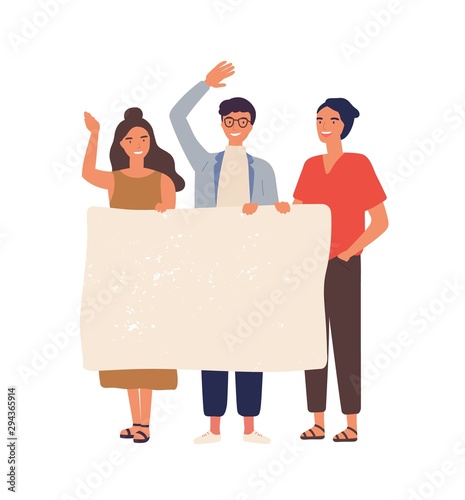 Group of people with empty banner flat vector illustration. Young students holding blank paper with place for text. Male and female smiling cartoon characters isolated scene.