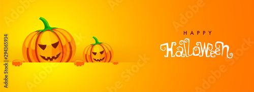 Website header design with illustration of scary pumpkins and stylish lettering of Happy Halloween celebration.