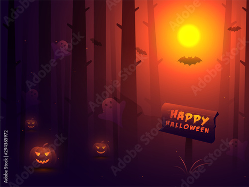 Happy Halloween celebration background with illustration of scary pumpkins in haunted forest.