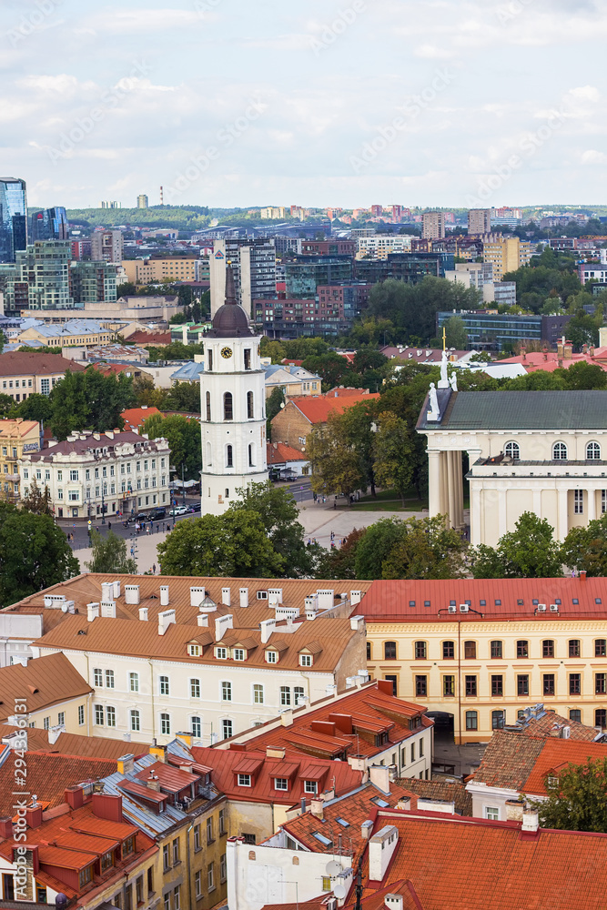 Awesome panorama of Vilnius Cathedral Basilica of St. Stanislaus and St. Vladislav with Bell Tower and Vilnius Old Town from Bell Tower of St. John's Church. Aerial view on the capital of Lithuania.