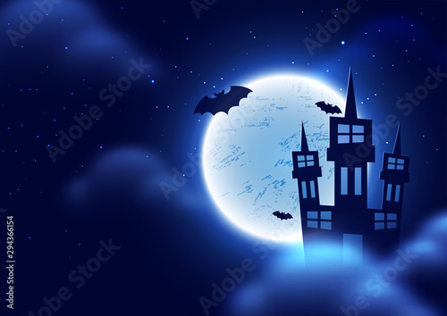 Creative Halloween Poster or Banner Design, Haunted House and Flying Bats on Cloudy Full Moon Night Blue Background.
