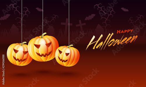Glossy pumpkins hang on brown background for Halloween celebration. Can be used as greeting card design.