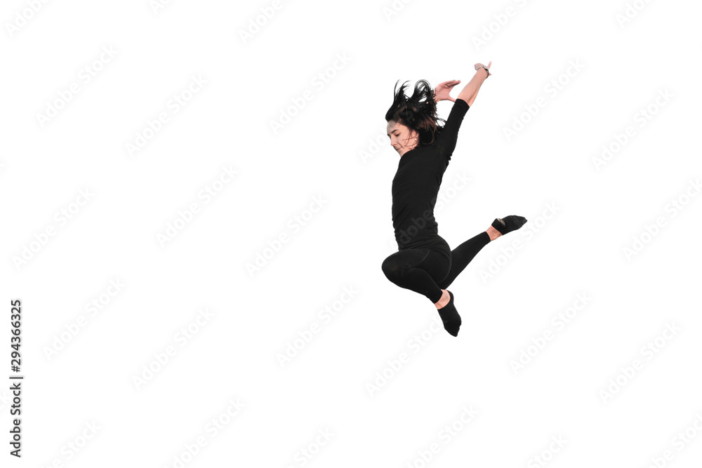 young woman doing gymnastic jump isolated on a white background