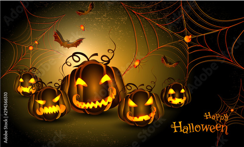 Happy Halloween template or flyer design with scary jack-o-lanterns, bats and spiders on glossy night background.