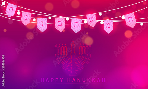 Festival celebration concept, traditional menorah (Candelabrum) and party flags decorated glossy blurred background for Happy Hanukkah Festival.