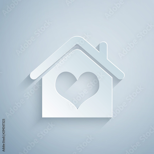 Paper cut House with heart shape icon isolated on grey background. Love home symbol. Family, real estate and realty. Paper art style. Vector Illustration