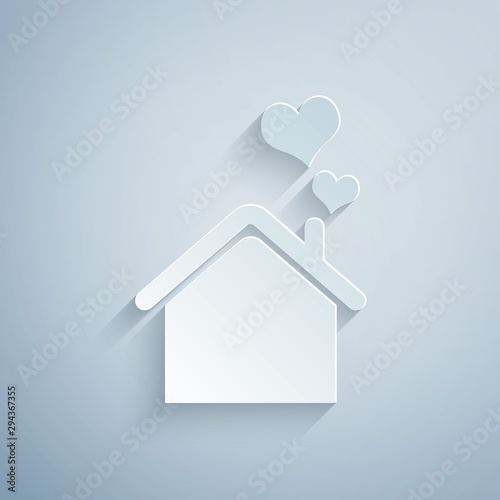 Paper cut House with heart shape icon isolated on grey background. Love home symbol. Family, real estate and realty. Paper art style. Vector Illustration