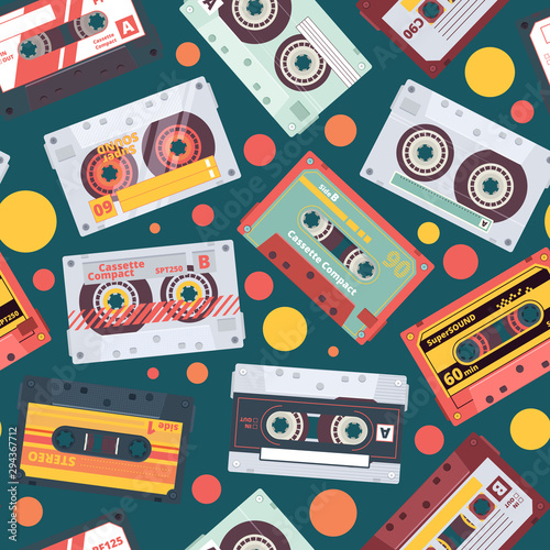 Audio cassette pattern. Stereo mixtape record music items funky style retro fashioned vector seamless background 90s dance wallpaper. Illustration audio cassette pattern, music tape sound old-fashion