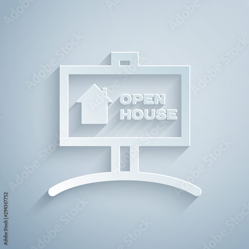 Paper cut Hanging sign with text Open house icon isolated on grey background. Signboard with text Open house. Paper art style. Vector Illustration