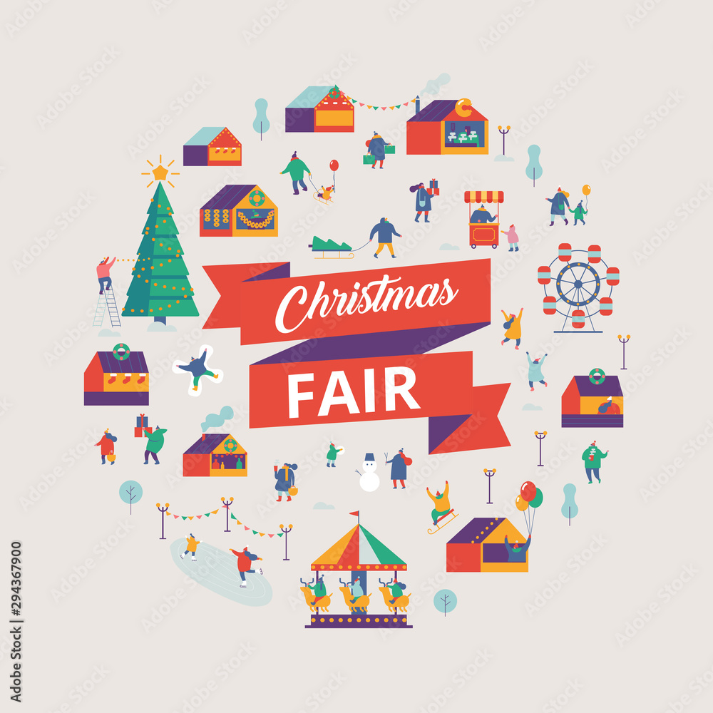 Christmas market and holiday fair. Christmas market or holiday outdoor. Tiny People walking between decorated kiosks. Flat vector illustration.