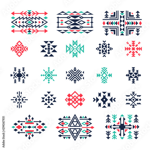 Ethnic geometrical symbols. Tribal mexican aztec american triangle indian shapes and forms vector decoration. Mexican and aztec, native ethnic geometric illustration