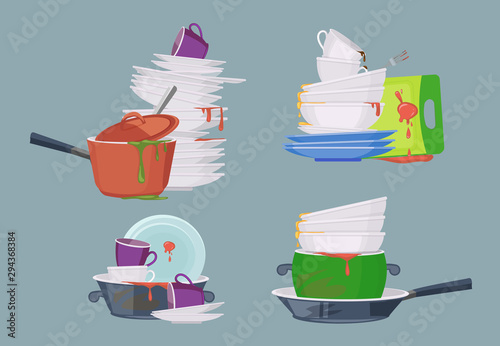 Dirty dish. Kitchen restaurant items for cleaning forks spoons bowls plates salad bowls mugs glasses vector dirty. Illustration pile of ceramic plate and saucepan