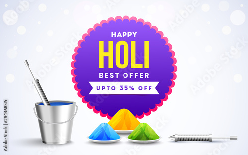 Holi best offer with flat 35% discount on white bokeh background with festival element.