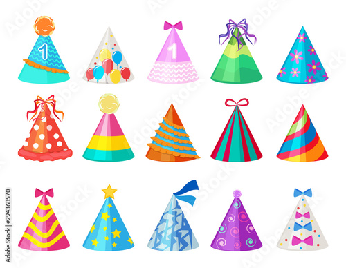 Party colored caps. Birthday cone hat for carnival vector pictures isolated. Celebration cap accessory paper to birthday and carnival illustration