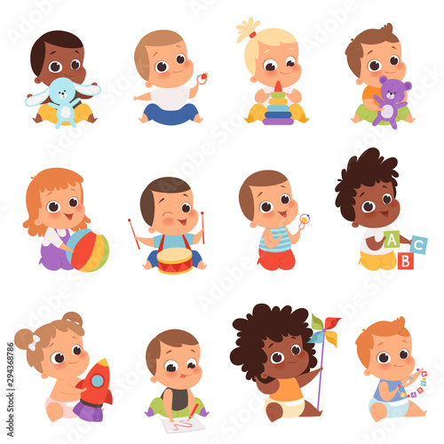 Baby characters. New born kids playing toys happy childhood small little one vector babies. Illustration baby child newborn with teddy, playing toddler photo