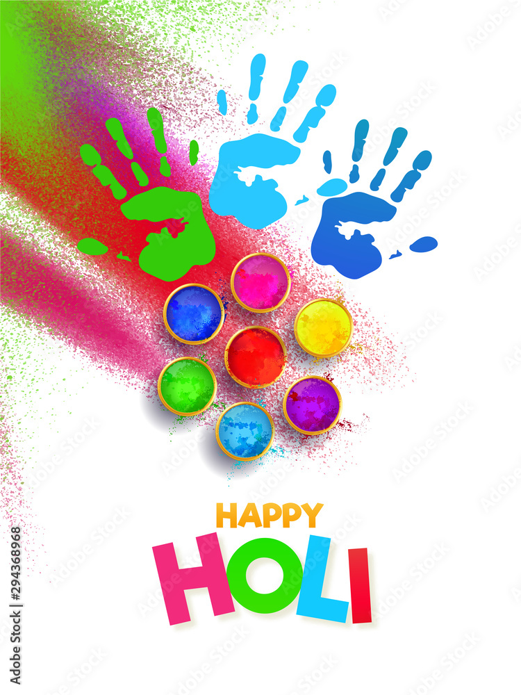 Holi festival greeting card design with top view illustration of color  bowls and handprint on color splash background. Stock Vector | Adobe Stock