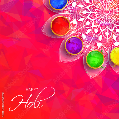 Top view of poster or greeting card design with color bowls on mandala decorated abstract background for Holi festival celebration.
