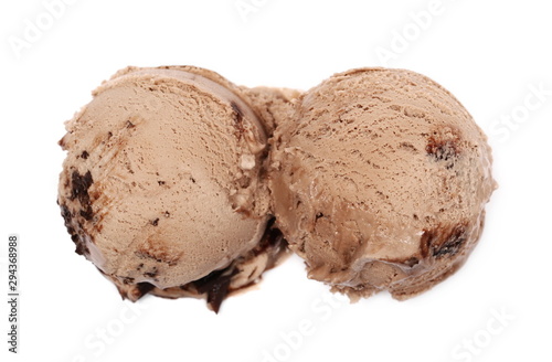 Chocolate ice cream balls isolated on white background, top view