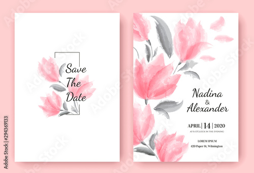 Floral wedding invitation card template design, beautiful pink flowers, pastel vintage theme. Vector illustration