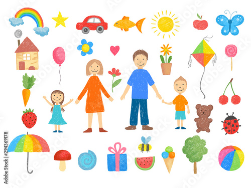 Kids drawings. How to draw little childrens pencil colored crayon hand drawn toys smiling peoples funny pictures vector illustrations. Drawn family mother father with children smile, drawing toys