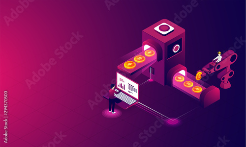 Man working on laptop management crypto data on glossy background for Crypto Mining concept based isometric design.