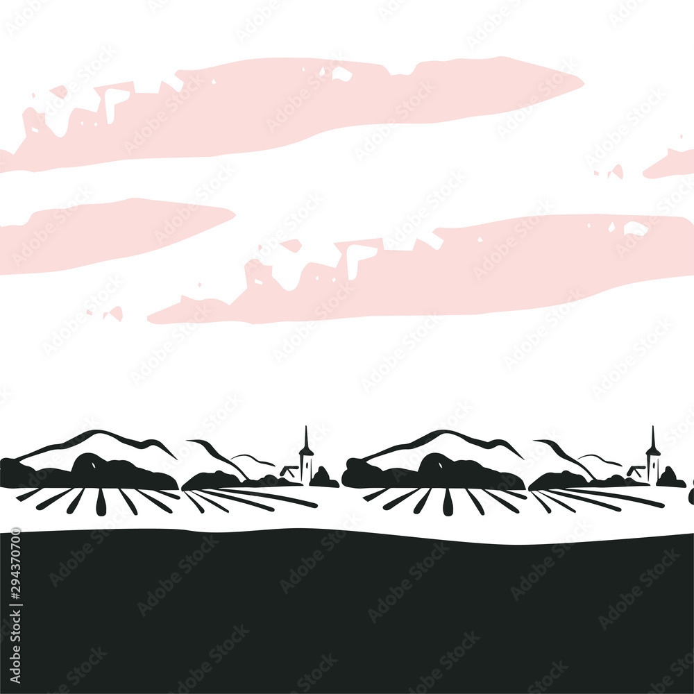 Vector seamless pattern with hand drawn vineyard landscape on white background. For packaging design, advertisement background, banners, tags, stickers, posters, decor etc.