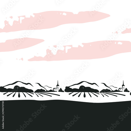Vector seamless pattern with hand drawn vineyard landscape on white background. For packaging design, advertisement background, banners, tags, stickers, posters, decor etc.