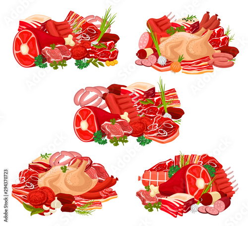 Meat sausages, beef steaks, ham, bacon and salami