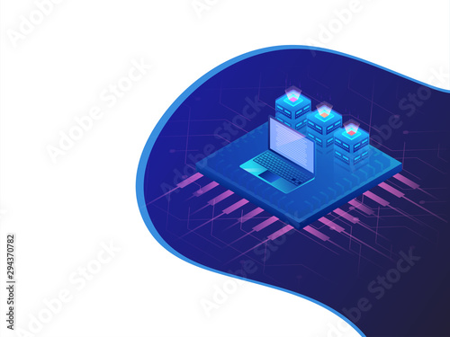 Data center isometric design, 3d web servers connected to laptop with processor chip on abstract background.