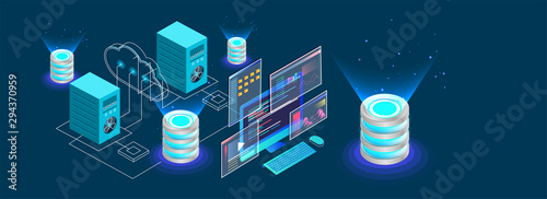 Isometric desktop connected to servers and database on blue background for Data Center concept based isometric design. photo