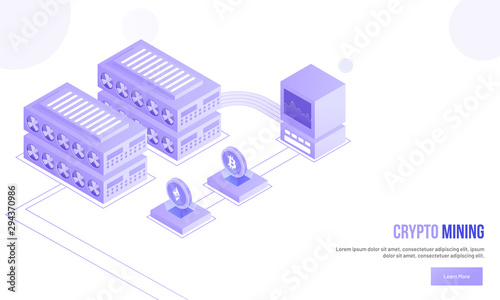Isometric illustration of computer connected with crypto servers for Crypto Mining concept.