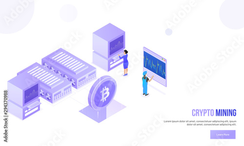 Miniature people analysis data on browser, bitcoin server connected with data servers, isometric design for Crypto Mining.