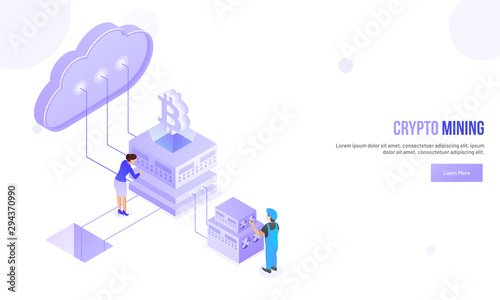 Crypto Mining concept based isometric design, miniature people working, bitcoin server connected cloud server on abstract white background.