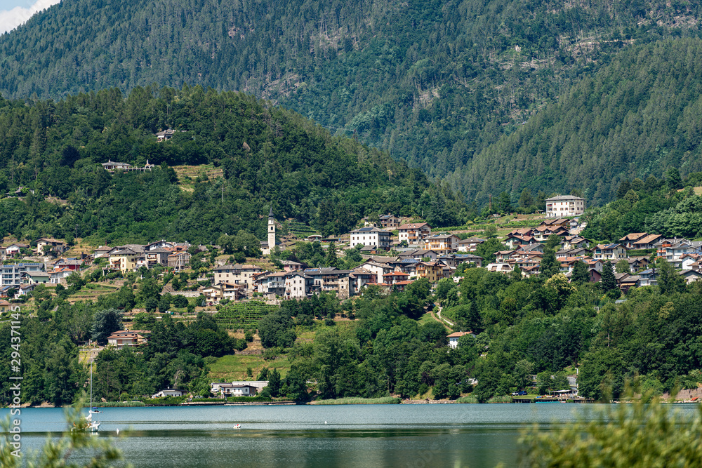 Small village of Ischia and the lake of Caldonazzo, Italian Alps, Valsugana valley, Trento province, Trentino-Alto Adige, Italy, Europe