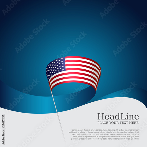 USA flag background. Wavy ribbon color flag of usa on a blue white background. National american poster. Vector tricolor design. State american patriotic banner, cover, flyer