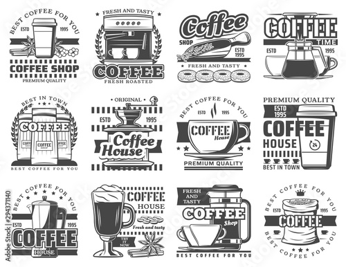 Coffee cups, espresso machine, beans and donuts