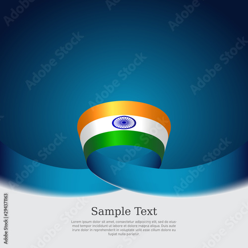 India flag background. Wavy ribbon colors flag of india on blue white background. National poster. Vector design. State indian patriotic banner, cover, flyer