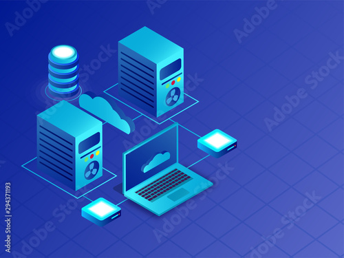 Isometric servers and laptop connected with cloud server for Data Center or Database concept.