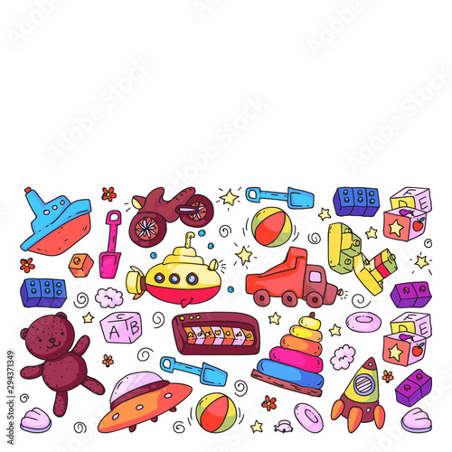 Vector pattern with kindergarten, toy children. Happy children illustration.