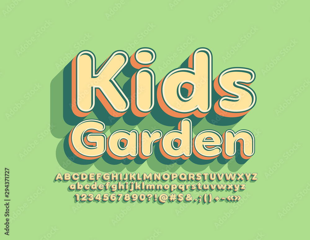 Vector creative logo Kids Garden with trendy Alphabet Letters, Numbers and Symbols. 3D Green Font