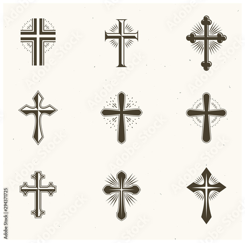 Crosses Religious emblems set. Heraldic Coat of Arms, vintage vector logos collection.