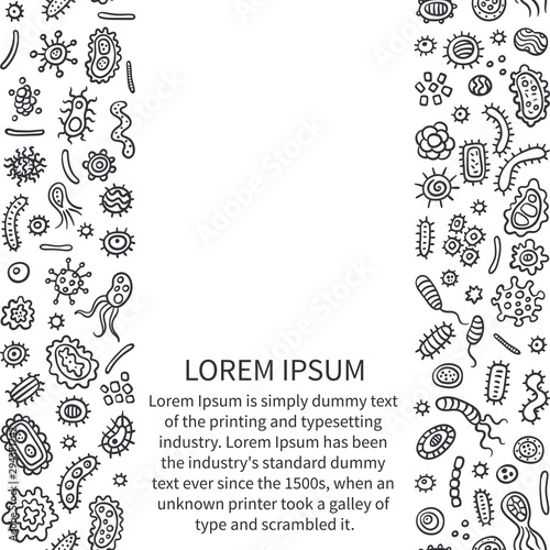 Bacteria and germs outline doodle vertical pattern, micro-organisms disease-causing objects, different types, bacteria, viruses background with text. Micro-organisms disease-causing objects. - Vector