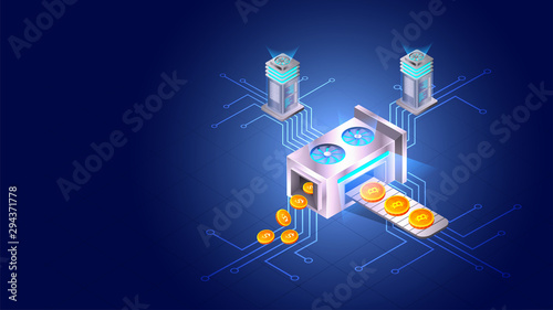Cryptocoin exchange concept, illustration of money exchange machine connected with crypto servers on blue digital networking background.