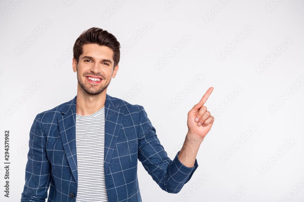 Portrait of his he nice attractive cheerful cheery glad content successful businessman hr wearing checked blazer showing copy space follow subscribe isolated over light white pastel background Portrait of his he nice attractive cheerful cheery glad content successful businessman hr wearing checked blazer showing copy space follow subscribe isolated over light white pastel background